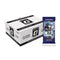 Panini Donruss Optic football box and pack set in white and blue materials, glossy and matte textures, rectangular box with single pack, retail card collection display on neutral backdrop.