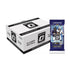 Panini Donruss Optic football box and pack set in white and blue materials, glossy and matte textures, rectangular box with single pack, retail card collection display on neutral backdrop.