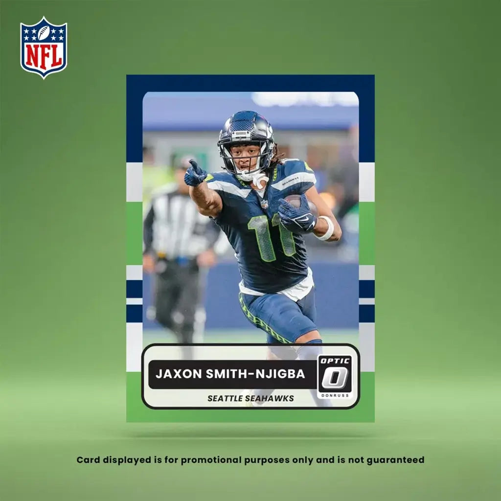 Panini Donruss Optic NFL football card in green, blue, and white printed cardstock with rectangular shape, featuring player portrait and team branding, collectible card on gradient background