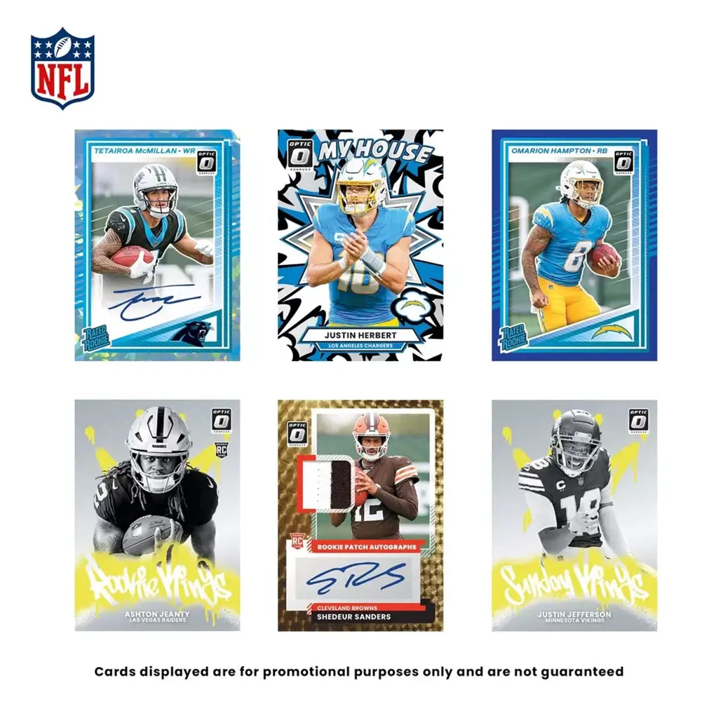 Panini Donruss Optic NFL trading cards variety in multicolor printed cardstock with rectangular shapes, featuring rookie, autograph, and insert designs, collector showcase layout on light background