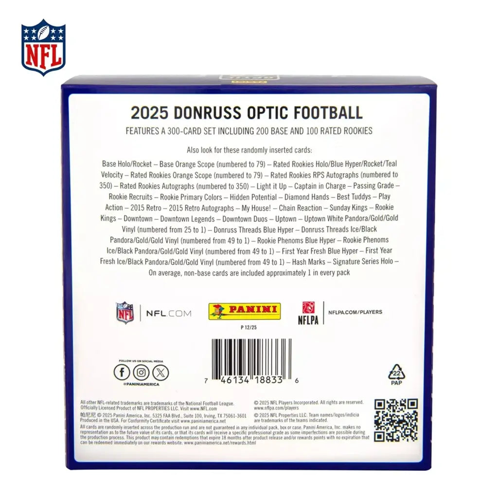 Panini Donruss Optic NFL trading cards box back in white and blue printed cardboard with rectangular layout, detailing 2025 set checklist, features, and product info for collectors on clean backdrop