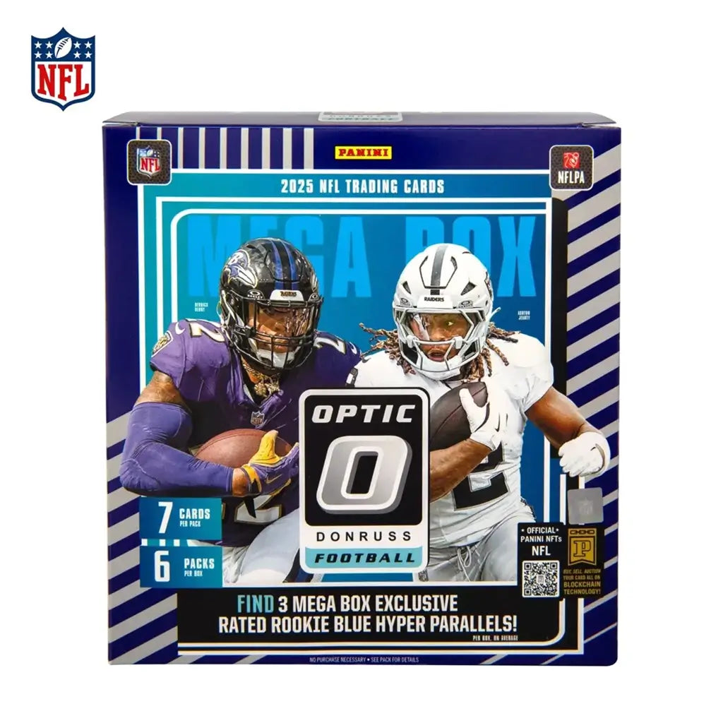 Panini Donruss Optic NFL trading cards mega box in blue, white, and black glossy cardboard packaging with rectangular shape, featuring football players artwork, retail collector box on plain background