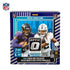 Panini Donruss Optic NFL trading cards mega box in blue, white, and black glossy cardboard packaging with rectangular shape, featuring football players artwork, retail collector box on plain background