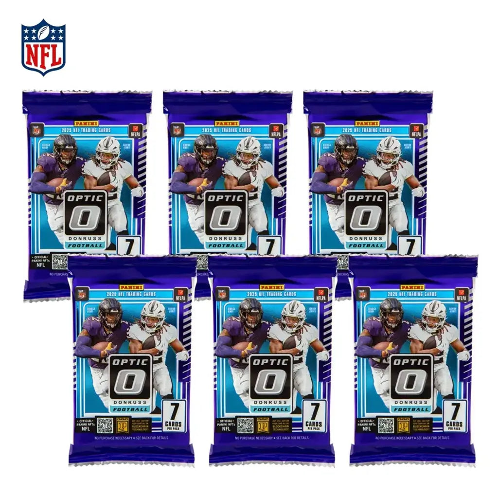 Panini Donruss Optic NFL trading card packs in purple foil wrappers with rectangular sealed form, featuring player graphics and branding, retail booster packs arranged on white background