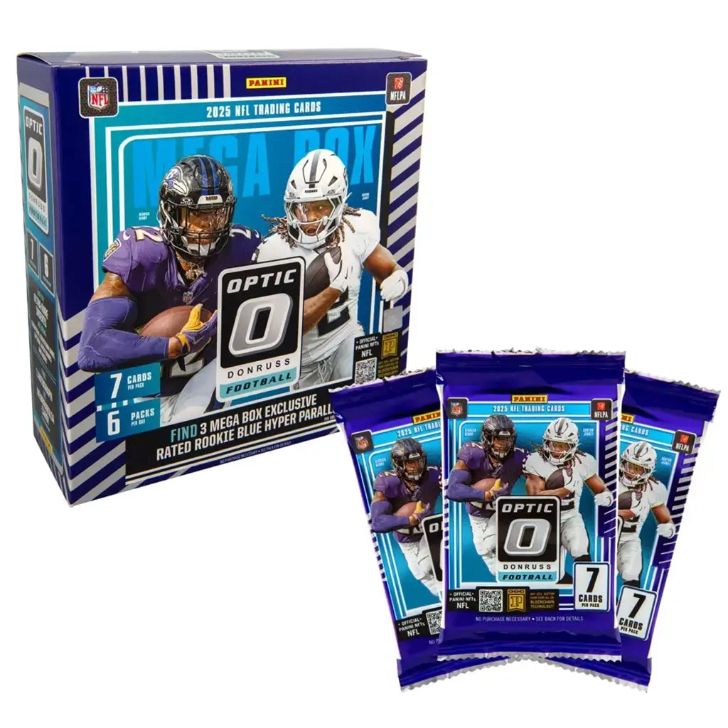 Panini Donruss Optic NFL mega box and packs in blue and purple glossy cardboard and foil materials with rectangular forms, featuring branded football card packaging displayed together on white background
