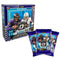 Panini Donruss Optic NFL mega box and packs in blue and purple glossy cardboard and foil materials with rectangular forms, featuring branded football card packaging displayed together on white background