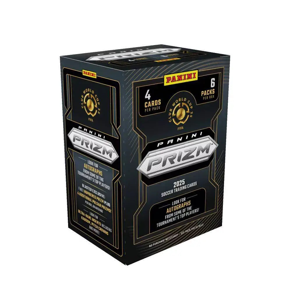 Panini Prizm soccer cards in a black 2025 FIFA Club World Cup blaster box with gold trim and silver logo, holding six packs of four cards and advertising autographs.