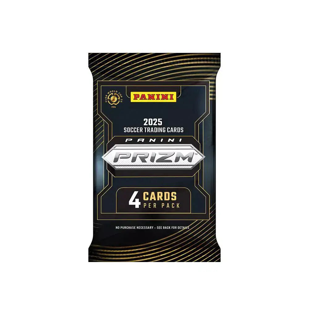 Panini Prizm soccer cards in a black foil 2025 FIFA Club World Cup trading card pack with curved gold lines, silver logo, and four-cards-per-pack label on white.