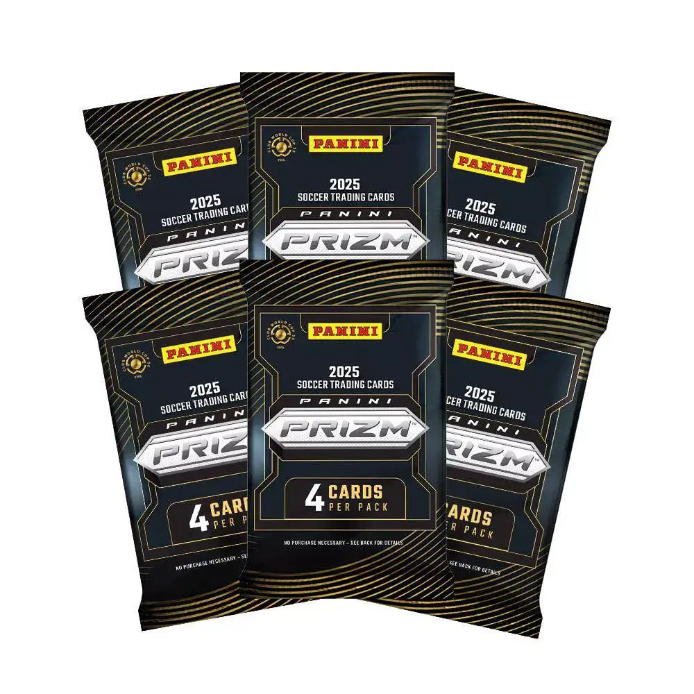 Panini Prizm soccer cards in six black foil 2025 FIFA Club World Cup trading card packs with gold line accents and silver logos, each containing four cards, on white.