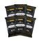 Panini Prizm soccer cards in six black foil 2025 FIFA Club World Cup trading card packs with gold line accents and silver logos, each containing four cards, on white.