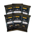 Panini Prizm soccer cards in six black foil 2025 FIFA Club World Cup trading card packs with gold line accents and silver logos, each containing four cards, on white.