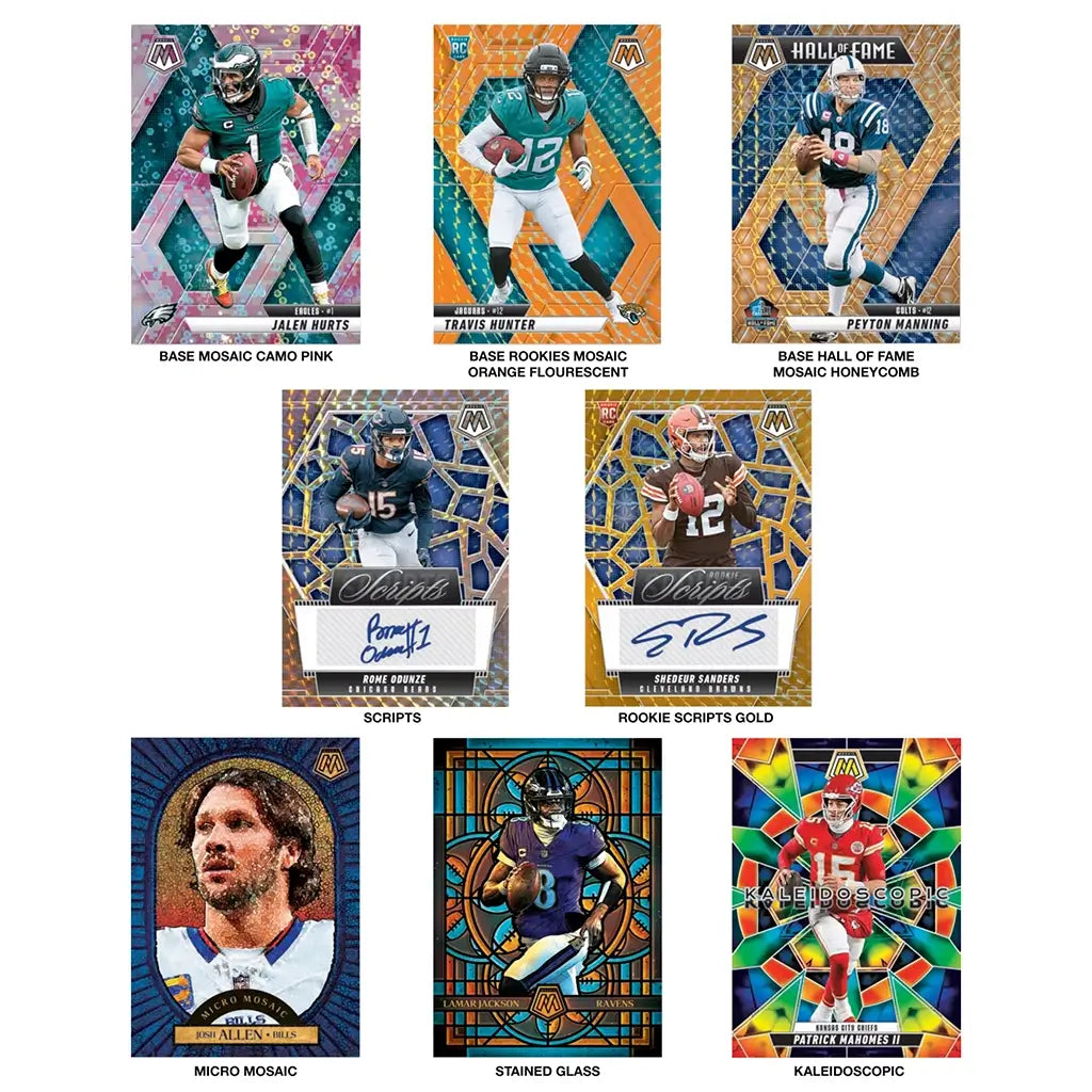 Panini Mosaic football trading card inserts featuring multicolor mosaic patterns, glossy cardstock designs with NFL players in action poses, arranged in a grid to highlight parallels, rookie cards, autographs, and premium inserts.