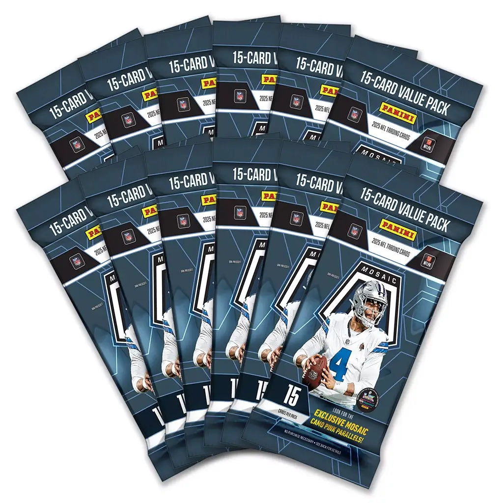 Panini Mosaic football cards value packs in dark blue foil wrappers, rectangular glossy packaging promoting 15-card packs, arranged in a fan shape to showcase collectible NFL trading card branding on a white studio background.