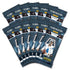 Panini Mosaic football cards value packs in dark blue foil wrappers, rectangular glossy packaging promoting 15-card packs, arranged in a fan shape to showcase collectible NFL trading card branding on a white studio background.