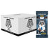 Panini Mosaic football fat pack display box in white cardboard with bold black Mosaic logo, cube-shaped retail packaging shown beside a sealed blue 15-card value pack on a clean white background.