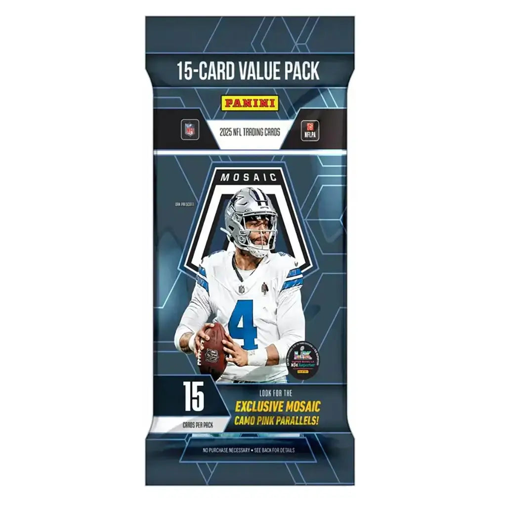 Panini Mosaic football fat pack in dark blue foil packaging with angular geometric graphics, rectangular glossy wrapper showing a quarterback holding a football, promoting a 15-card NFL trading card value pack on a clean white background.