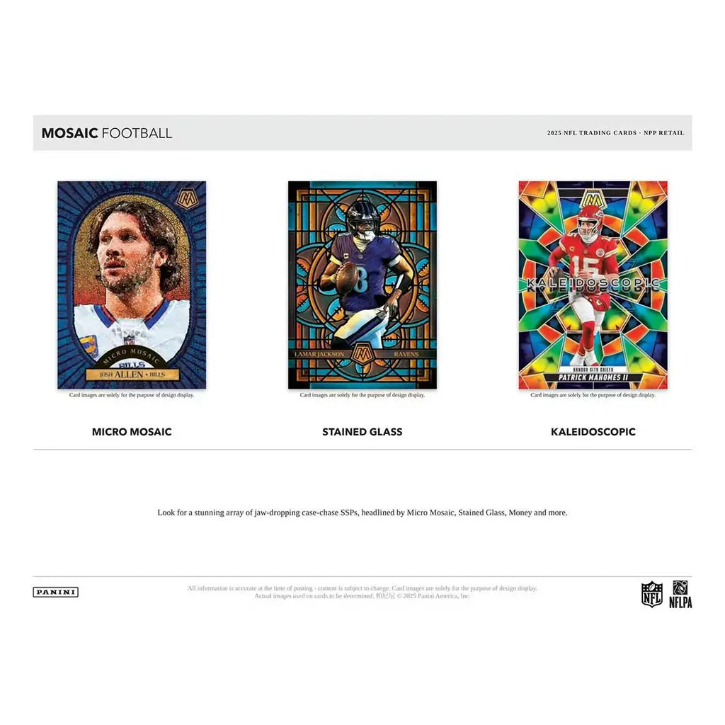 NFL Mosaic Football SSP insert showcase on a white background, featuring Micro Mosaic, Stained Glass, and Kaleidoscopic cards with vivid multicolor designs, stained-glass textures, and star players centered in ornate frames.