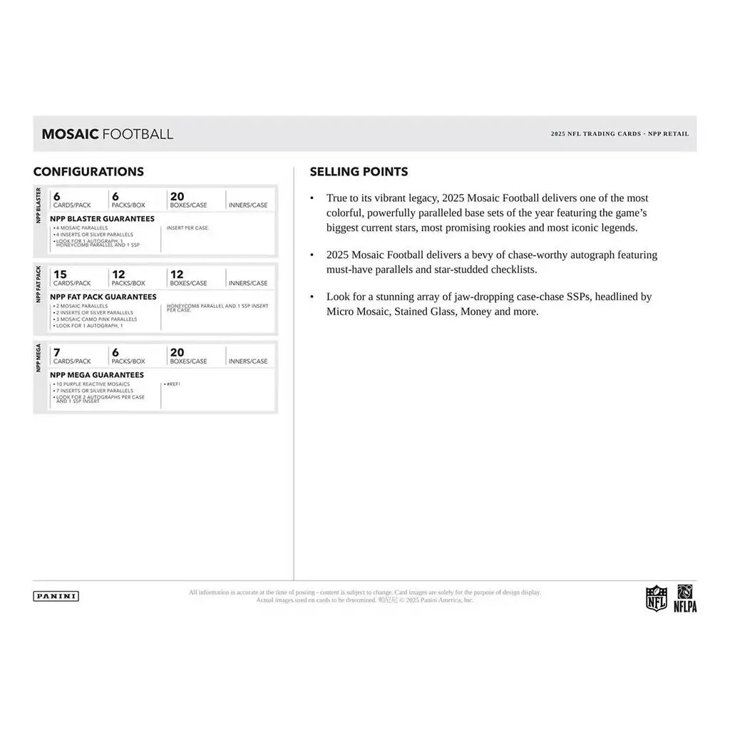 NFL Mosaic Football configuration and selling points graphic on a white background, presenting box and pack counts, card quantities, retail guarantees, and bullet-point highlights in a clean, easy-to-read informational layout.