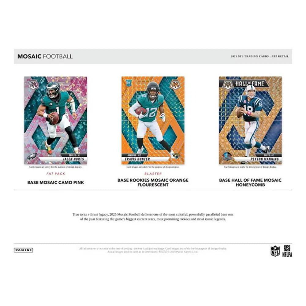 NFL Mosaic Football product showcase on a white background, displaying three colorful mosaic-finish trading cards with multicolor geometric patterns, glossy textures, and featured players in action poses highlighting parallel card designs.