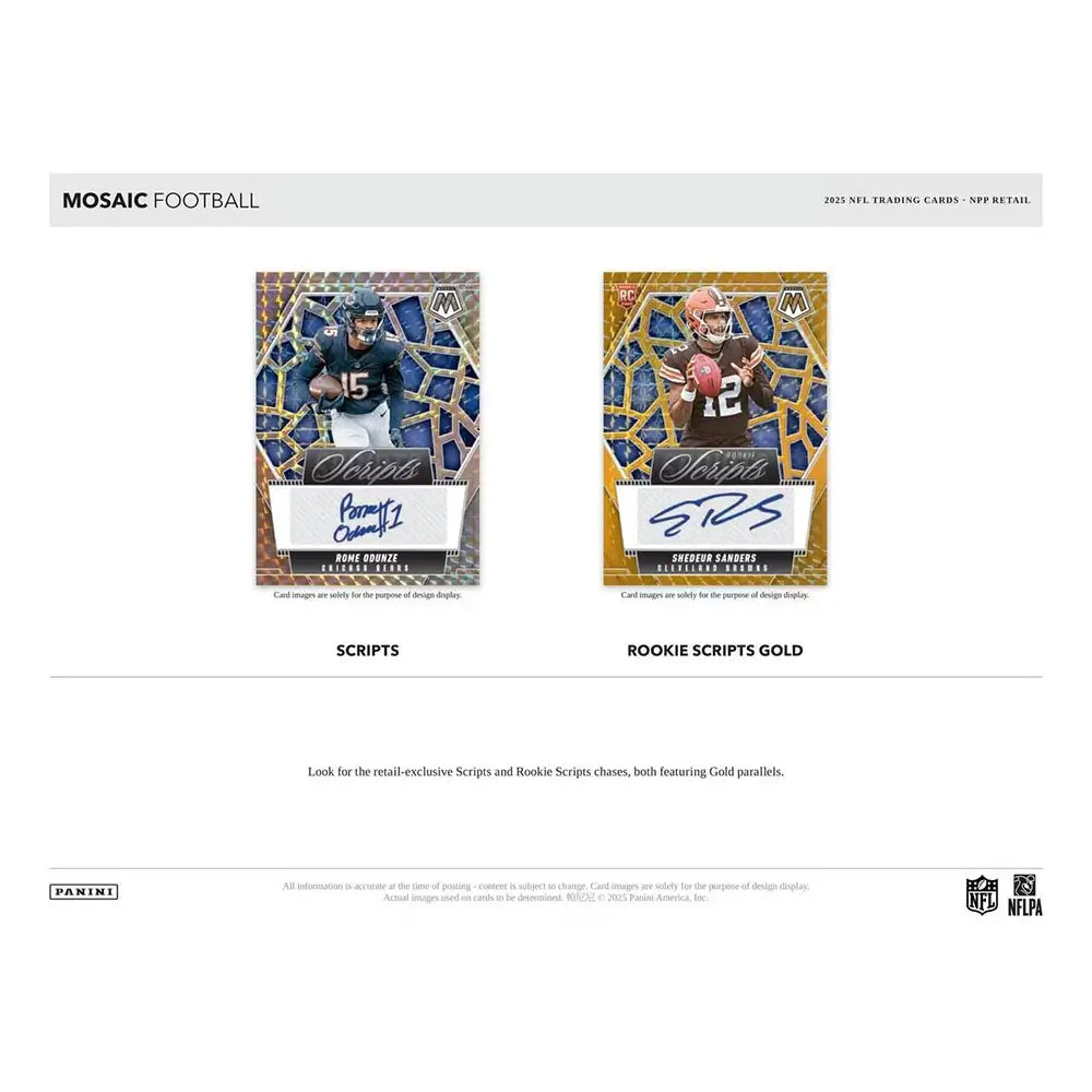 NFL Mosaic Football Scripts insert display on a white background, showing two autograph-style trading cards with gold mosaic frames, handwritten-style signatures, player portraits, glossy finishes, and premium collectible presentation.