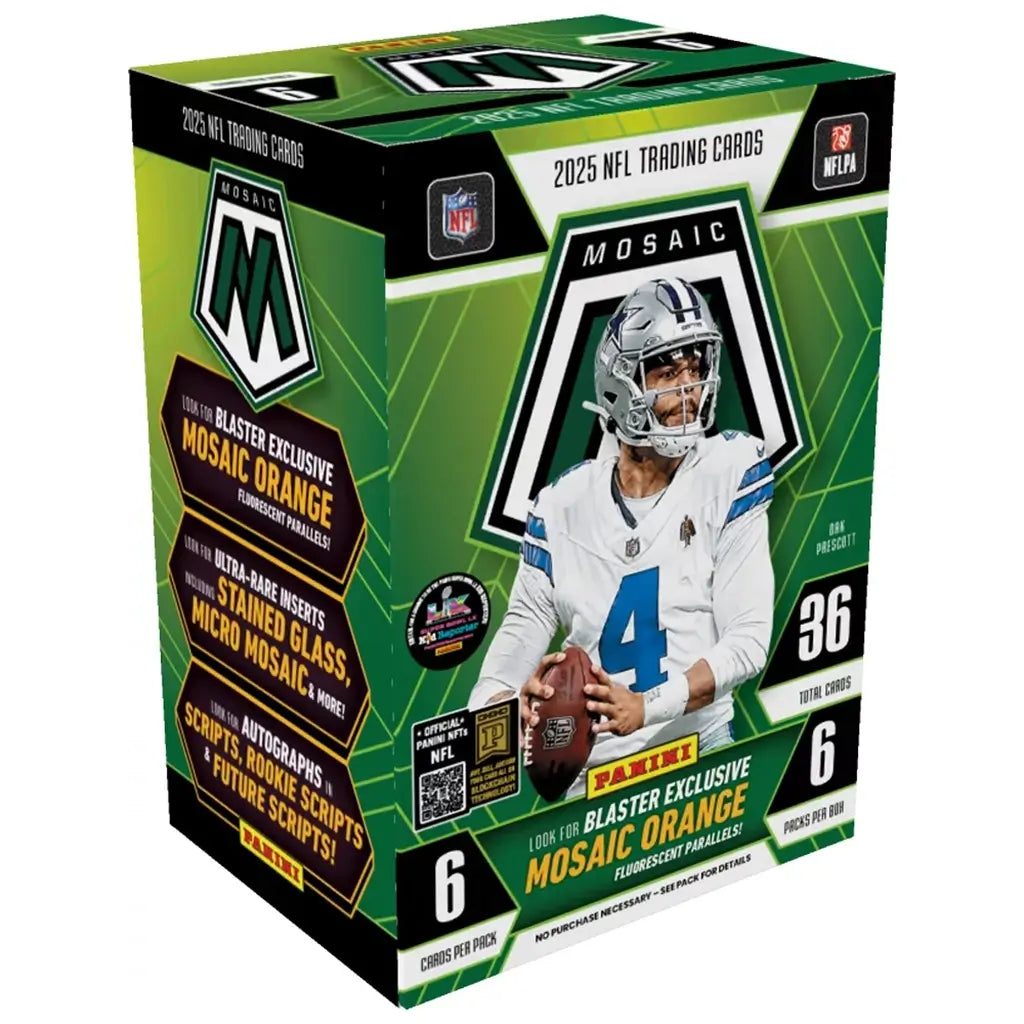 NFL trading card blaster box in green, black, and white cardboard packaging, showing a football quarterback in a white Dallas Cowboys uniform holding a brown leather ball, with Mosaic branding, bold typography, and retail product details on a clean studio background.