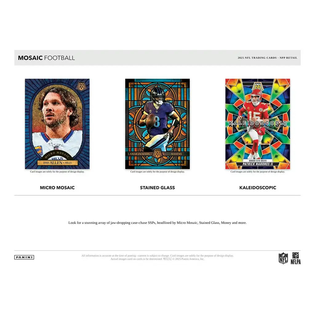 Panini Mosaic NFL chase cards display featuring multicolor mosaic, stained glass, and kaleidoscopic card designs with bold geometric patterns, premium foil textures, and football player portraits presented on a clean white background.