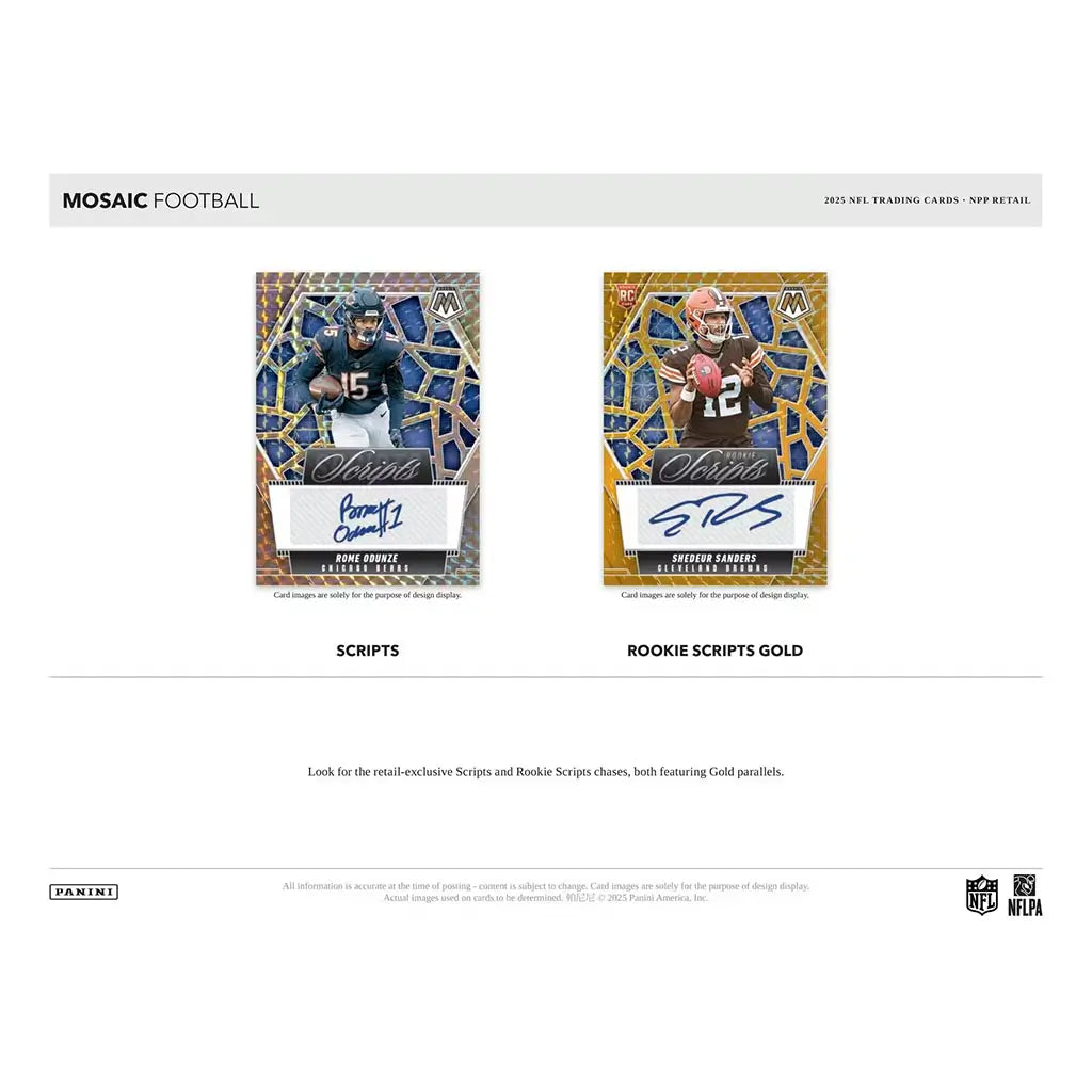 Panini Mosaic NFL Scripts autograph cards shown with gold mosaic backgrounds, angular geometric foil patterns, and on-card signature areas, presented as premium retail-exclusive football trading card designs.