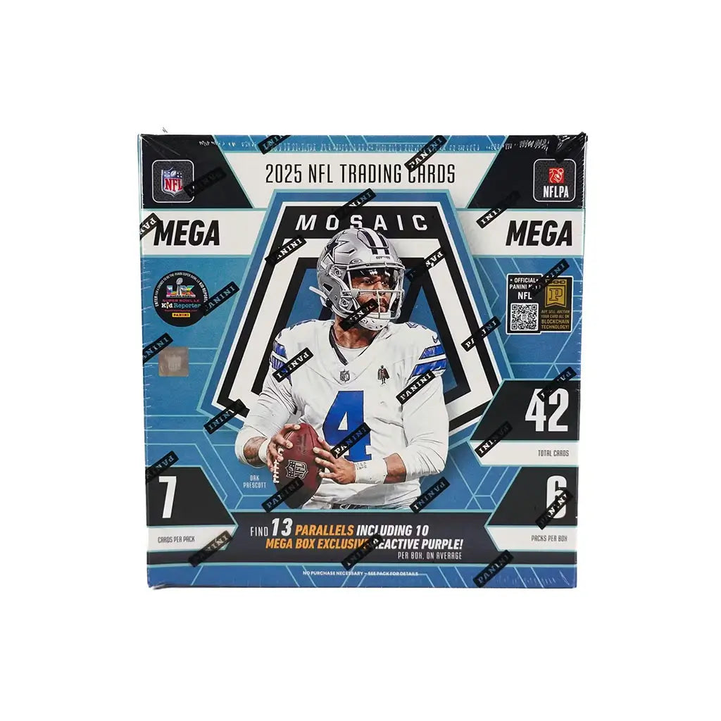 Panini Mosaic NFL trading card mega box shown in blue, black, and white glossy packaging with angular mosaic graphics, featuring a helmeted football quarterback image on the front, designed for retail collectors.