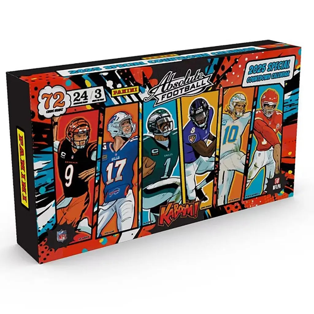 Panini Absolute Football box shows bold comic-style colors with textured graphics framing quarterback illustrations, highlighting a vibrant countdown-calendar theme against a dynamic action-filled backdrop.