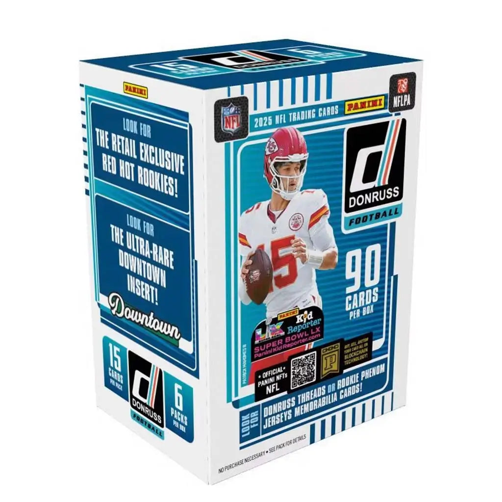 Panini Donruss football cards box shows blue and white cardboard packaging in a rectangular form featuring a football player image, product details, and promotional text on a clean backdrop.
