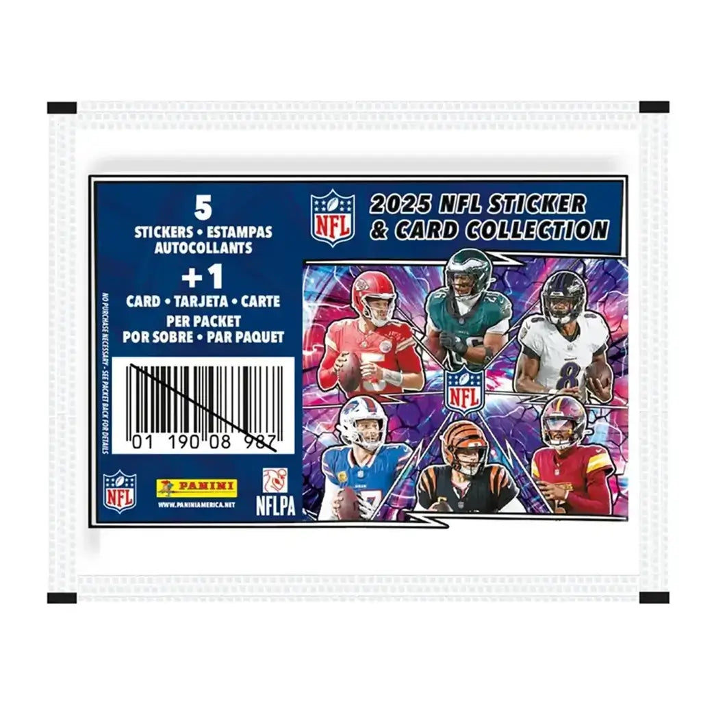 2025 NFL sticker and card collection album cover showing dark blue glossy paper with collage layout, six professional football players in helmets and jerseys, NFL logos, presented as official front.