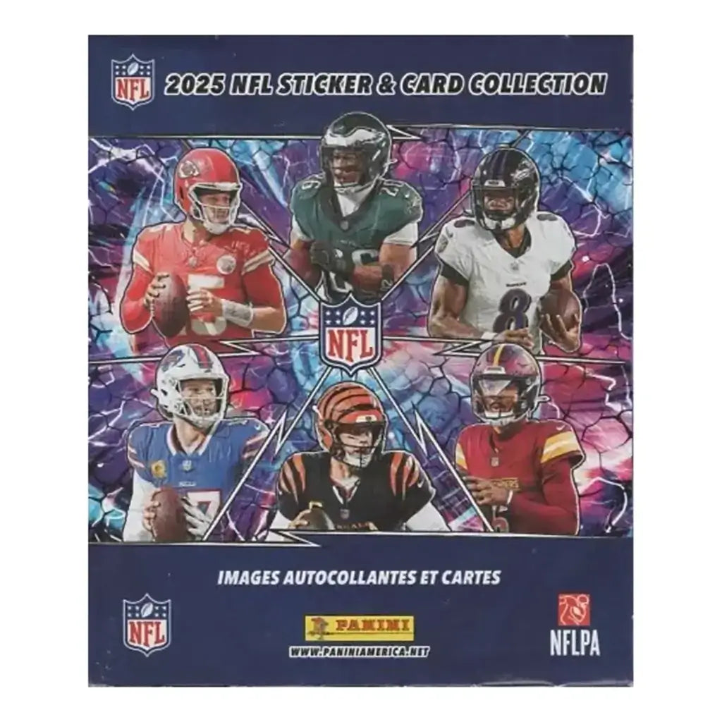 2025 NFL sticker and card collection foil pack showing white plastic wrapper with sealed edges, rectangular shape, printed player collage, NFL branding, Panini logo, containing stickers and one card.