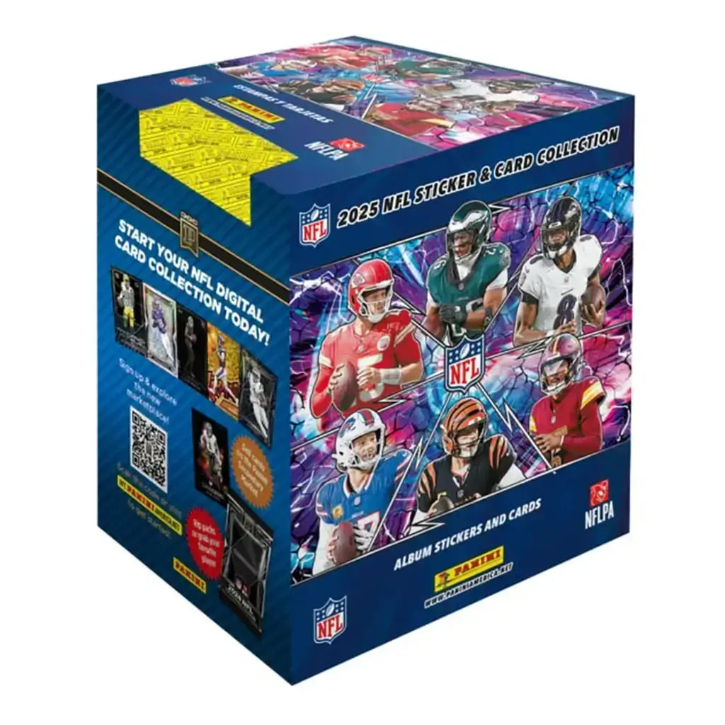 2025 NFL sticker and card collection box showing blue cardboard packaging with glossy finish, cube shape, featuring six professional football players in team uniforms, branded Panini.