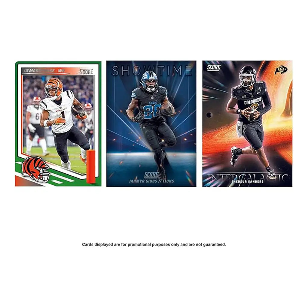 Panini 2025 NFL Score football inserts feature players in action with themed designs like Showtime and Intergalactic, offering collectors rare, eye-catching NFL card art.