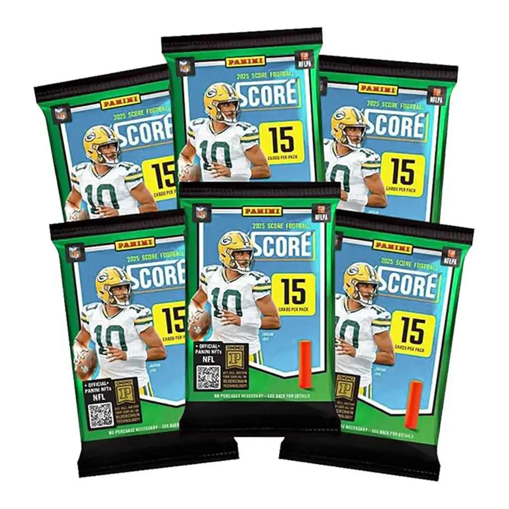 Six Panini 2025 NFL Score football trading card packs, each holding 15 cards, show a Packers quarterback on green and blue packaging designed for collectors and fans.