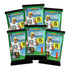 Six Panini 2025 NFL Score football trading card packs, each holding 15 cards, show a Packers quarterback on green and blue packaging designed for collectors and fans.