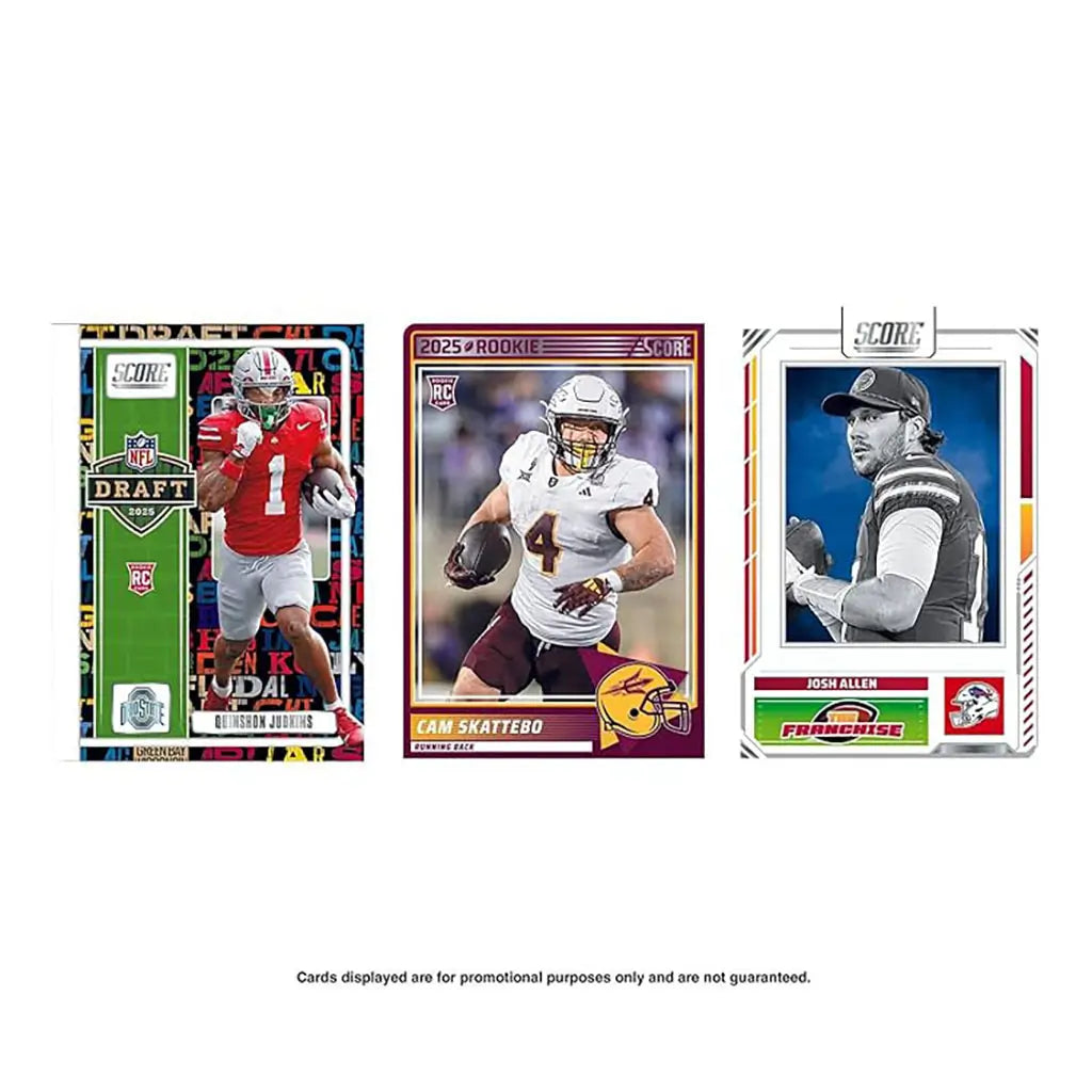 Panini 2025 NFL Score football rookie trading cards feature bold team colors, dynamic action shots, and rookie highlights from college standouts entering the draft.