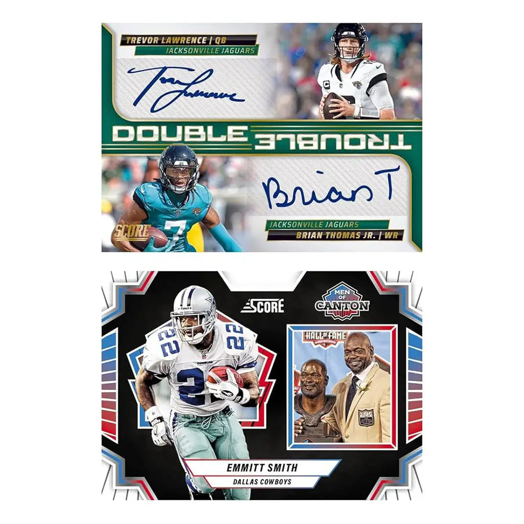 Panini 2025 NFL Score football signature cards highlight star athletes with autographs, action images, and Hall of Fame legends, blending collector value with NFL history.