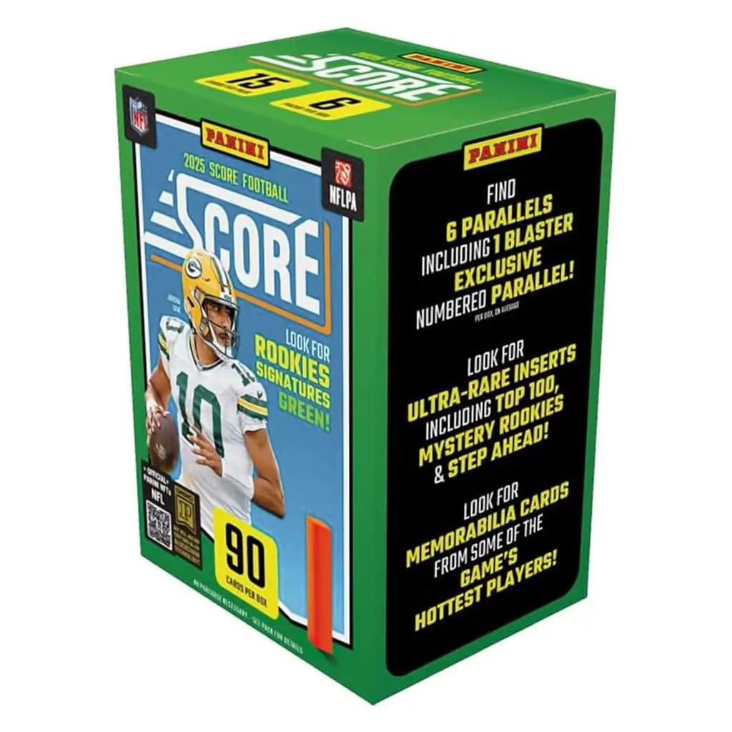 Panini 2025 NFL Score football blaster box packaging in green and blue promotes rookie signatures, parallels, and memorabilia cards for sports fans and collectors.
