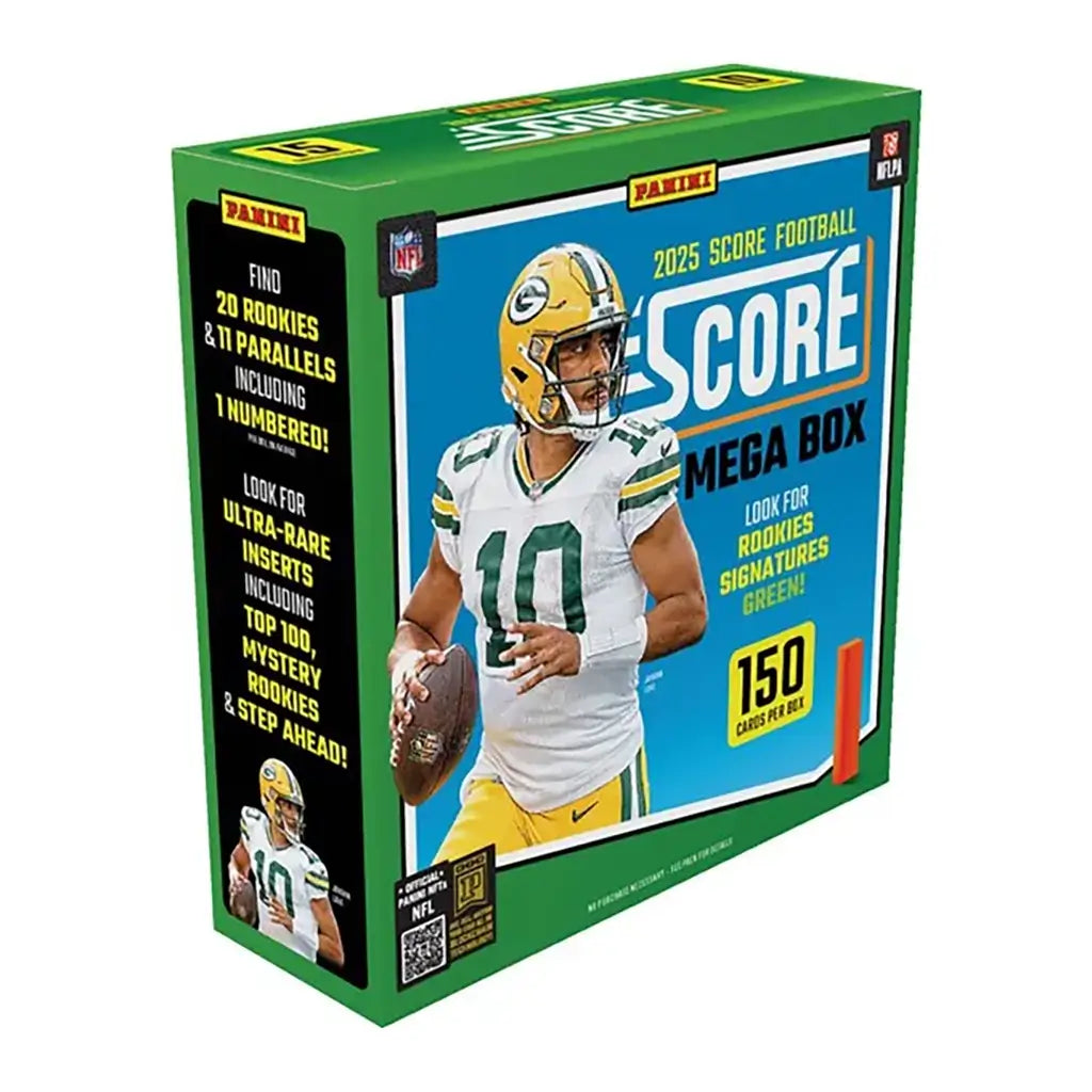 Green Panini 2025 NFL Score Football Mega Box with bold graphics, showing a Green Bay Packers quarterback on the front and details about rookies, parallels, and inserts.