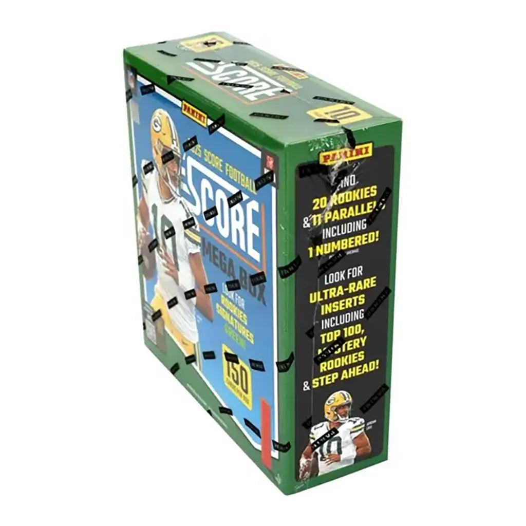 Sealed Panini 2025 NFL Score Football Mega Box angled view, green with black Panini logos, displaying Packers quarterback image and highlighted text promoting 150 cards per box.