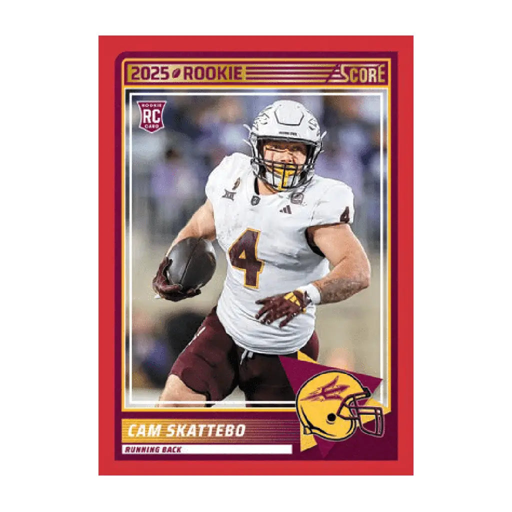 Red-bordered 2025 Panini Score Rookie football trading card featuring Cam Skattebo in a white jersey and maroon pants running with the ball against a blurred stadium backdrop.