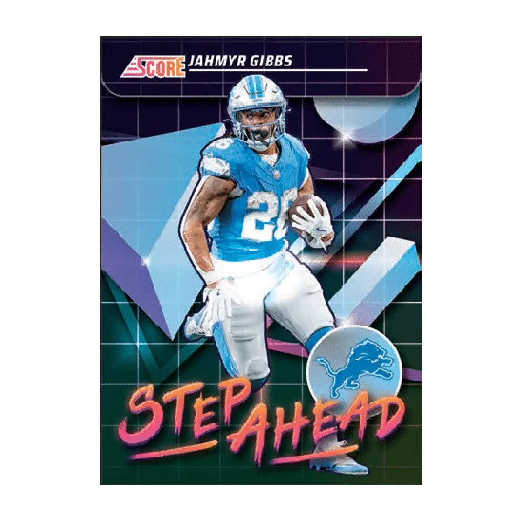 Panini 2025 Score Step Ahead insert card featuring Jahmyr Gibbs in a Detroit Lions uniform running with the football, displayed over a neon retro-style grid background.