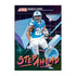 Panini 2025 Score Step Ahead insert card featuring Jahmyr Gibbs in a Detroit Lions uniform running with the football, displayed over a neon retro-style grid background.