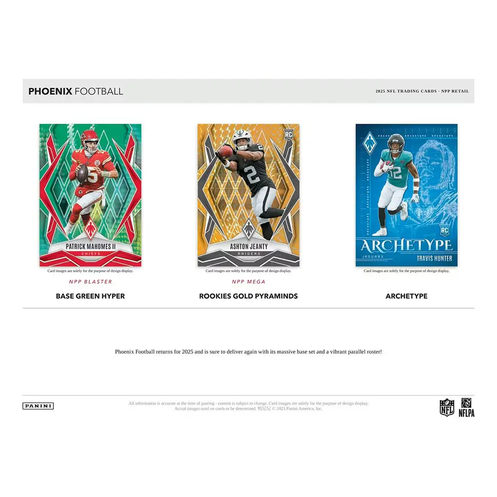 Panini Phoenix NFL base set cards shown with bright green, gold, and blue geometric backgrounds, sharp angular patterns, and active player photography, highlighting rookies, stars, and team rosters.