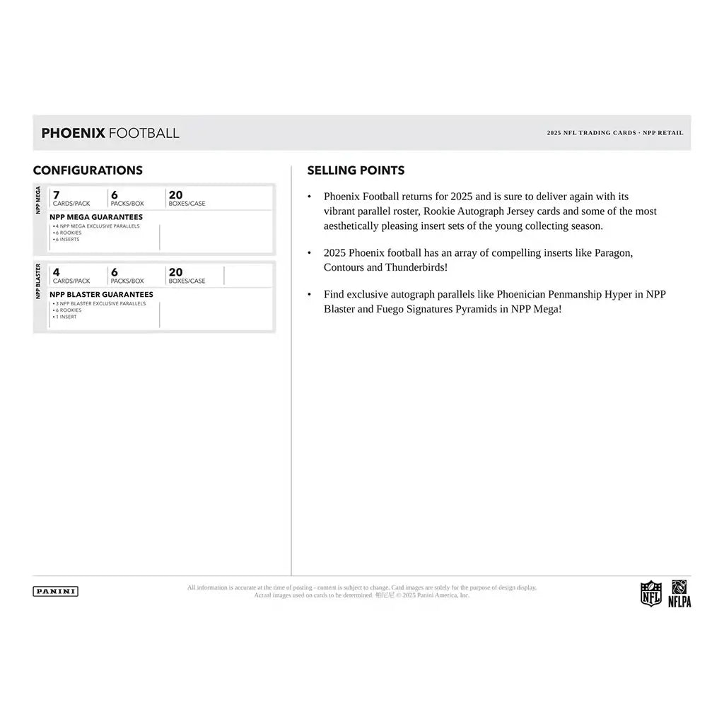 Panini Phoenix NFL configuration chart displayed on a clean white layout with gray panels and black text, outlining cards per pack, packs per box, guarantees, and key selling points for 2025 blaster boxes.