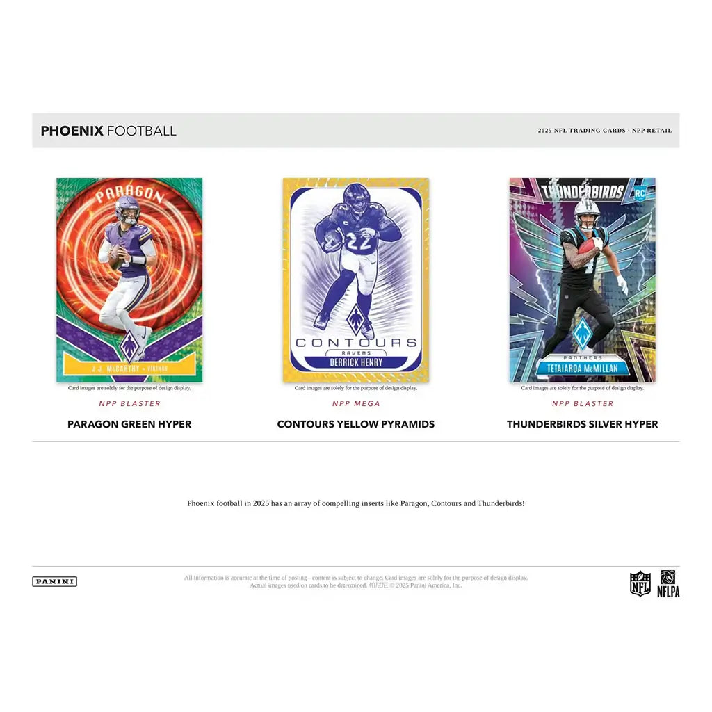 Panini Phoenix NFL insert cards featuring vivid green, yellow, silver, and multicolor foil designs, geometric frames, and dynamic player action shots, showcasing Paragon, Contours, and Thunderbirds inserts.