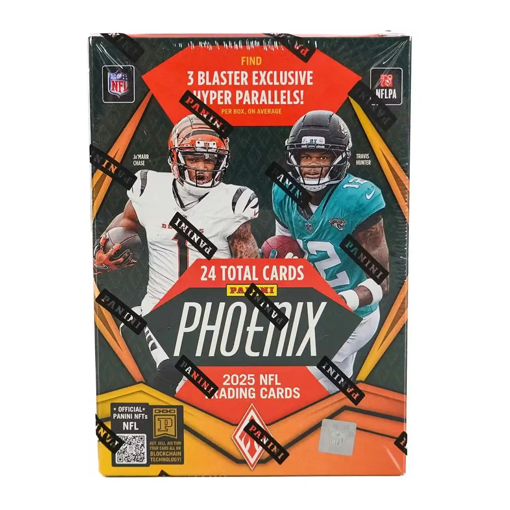 Panini Phoenix NFL blaster box displayed in red, orange, and black glossy cardboard packaging with angular flame graphics, featuring two helmeted NFL players on the front, designed for retail football card collectors.