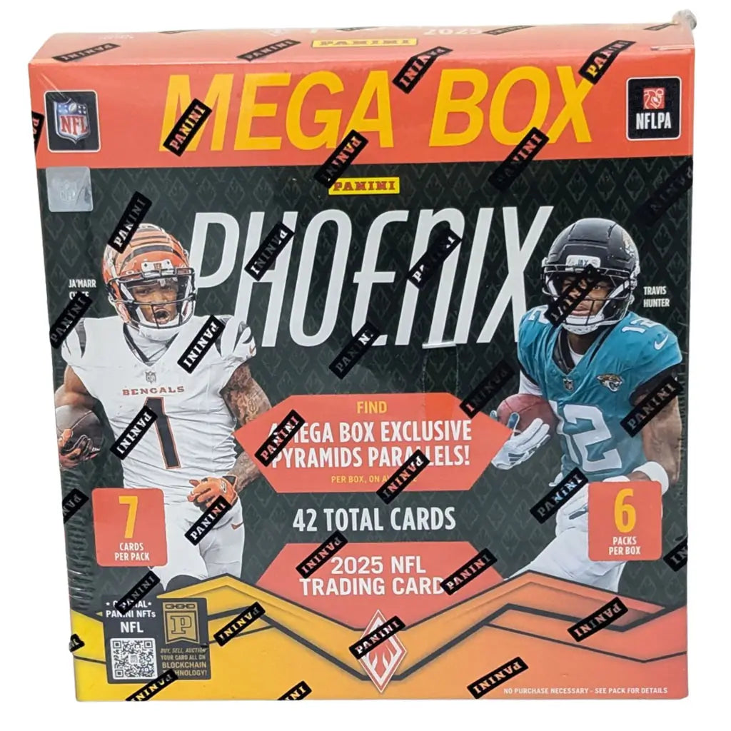 Panini Phoenix NFL football Mega Box in orange and black cardboard with glossy finish, rectangular retail packaging featuring NFL players in action, bold Mega Box branding, and product details displayed on a white studio background.