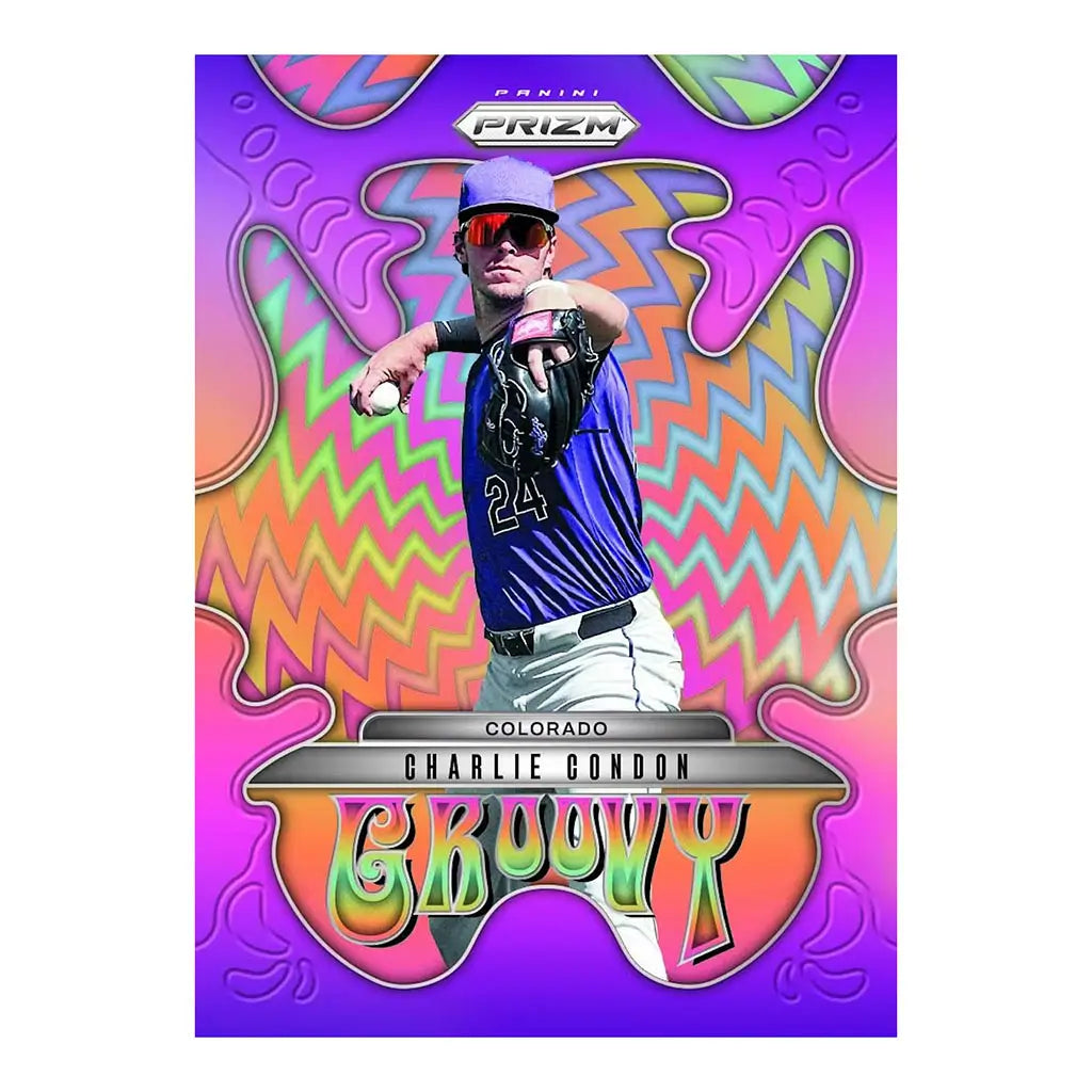 Panini Prizm Groovy insert card featuring Charlie Condon in a Colorado jersey, shown against a vibrant psychedelic purple, orange, and green patterned background.
